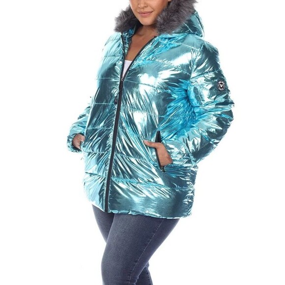 White Mark Women's Plus Size Metallic Puffer Coat Jacket with Hoodie Mint 3XL - Picture 1 of 9